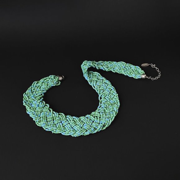 Tanjore India SignedTurquoise Blue Green Woven Seed Bead Collar Bib Necklace - Picture 4 of 12